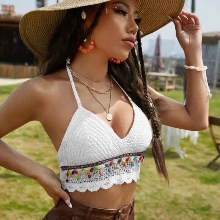 Été sans manches femme Crochet Camisole col en V court Style bohème gilet gland hauts chauds tricot culture