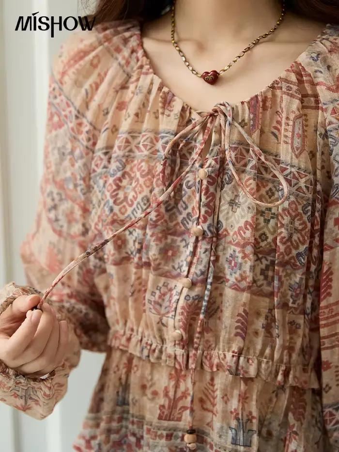 MISHOW Blouse femmes 2025 Style National imprimé taille col rond haut à manches longues trajet confortable automne