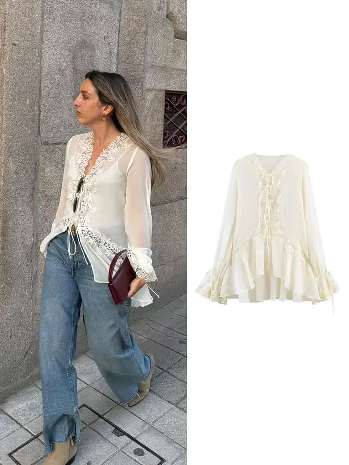 Chemisier en mousseline transparente HH élégant et minimaliste avec dentelle à nouer devant coupe ample pour tenue décontractée ou professionnelle au bureau occasions spéciales