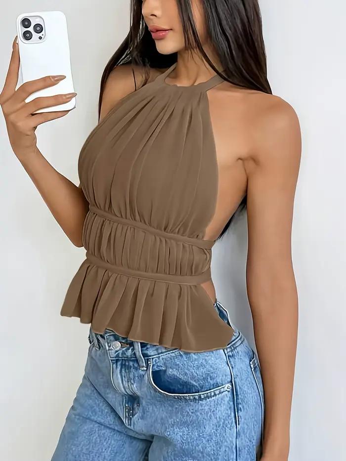Débardeur Halter en Chiffon Marron pour Femme - Camisole Courte à Volants Froncés et Dos Nu à Nouer