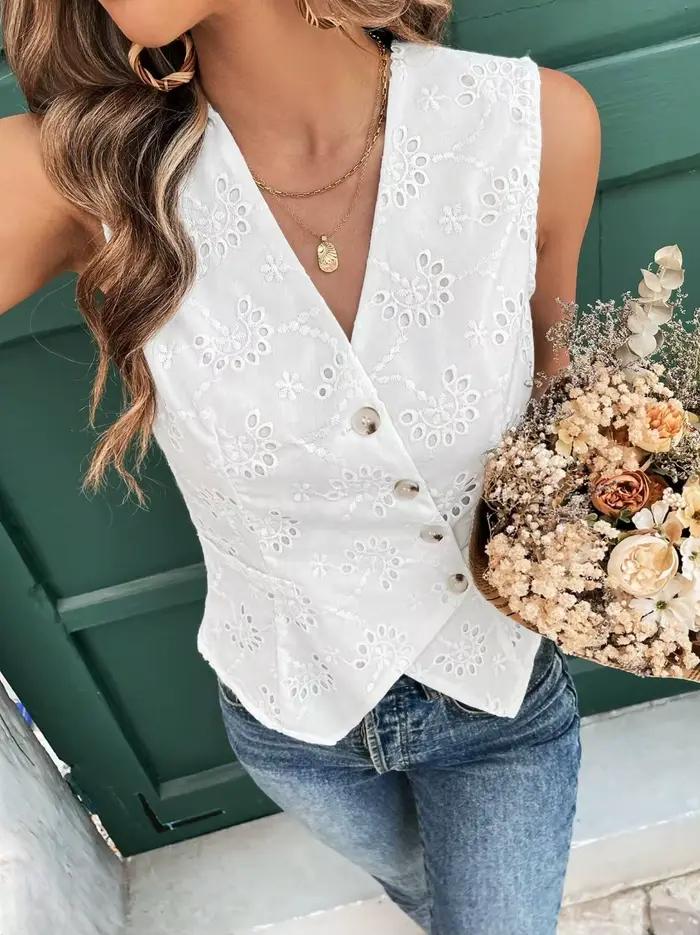 Haut brodé à œillets, chemisier chic bohème sans manches pour les vacances à la plage