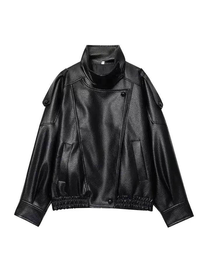Femmes mode veste en cuir automne hiver lâche casual PU Faux