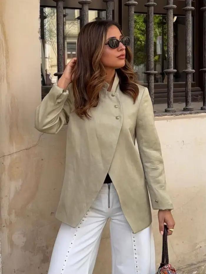 HH Nouvelle Veste Blazer Femme Tendance à Col Montant et Manches Longues
