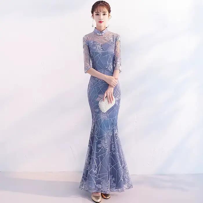 Robe sirène grise à col Mandarin pour femmes