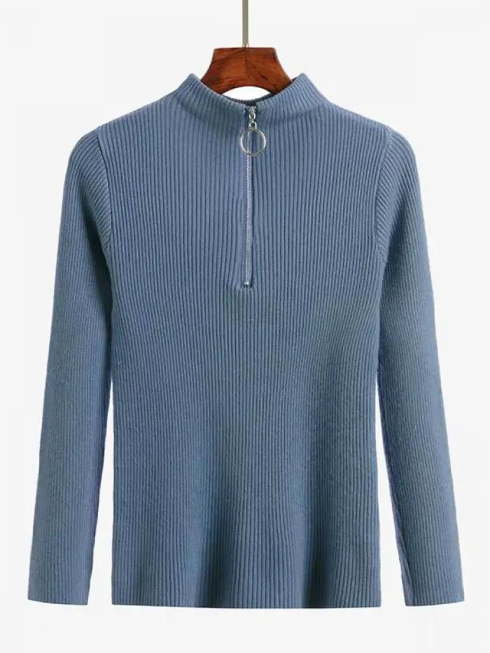 Femmes mode solide tricoté chandails Vintage à manches longues fermeture éclair basique demi col roulé pull femme pulls Chic décontracté hauts