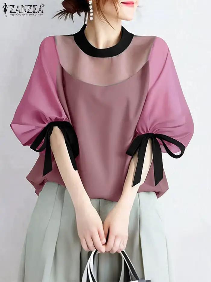 Blouse ZANZEA Décontractée Élégante en Polyester avec Dentelle Patchwork Pour Femmes Occasions Printemps Automne