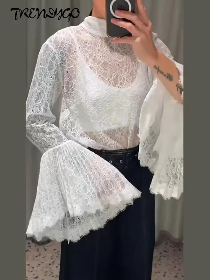 Chemises transparentes en dentelle à manches évasées pour femmes, sexy, ajouré, hauts solides, charmants vêtements de fête pour dames occasions spéciales