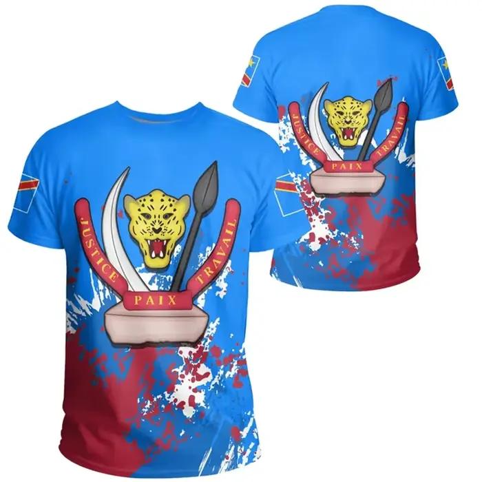 T-shirt à manches courtes à col rond décontracté d'été avec impression 3D de l'emblème national de la République démocratique du Congo
