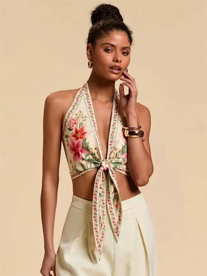 Haut court col licou pour femmes imprimé floral sexy nœud devant débardeurs vêtements été style bohème occasions spéciales junior
