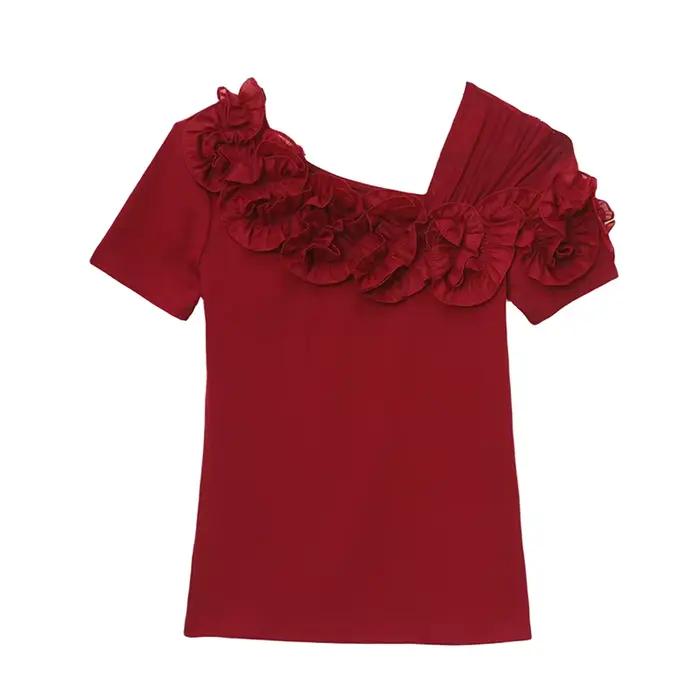 T-shirt d'été féerique en coton et élasthanne avec décolleté asymétrique et volants pour femme style fairycore occasions estivales
