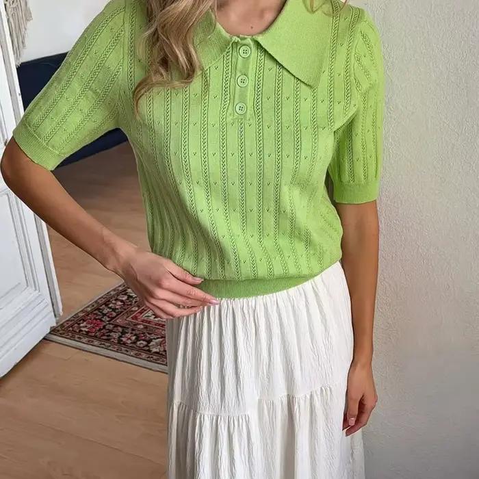 Femmes Vintage tricoté culture hauts bureau dame à manches courtes col rabattu pulls tricots décontracté couleur unie découpe T-shirt