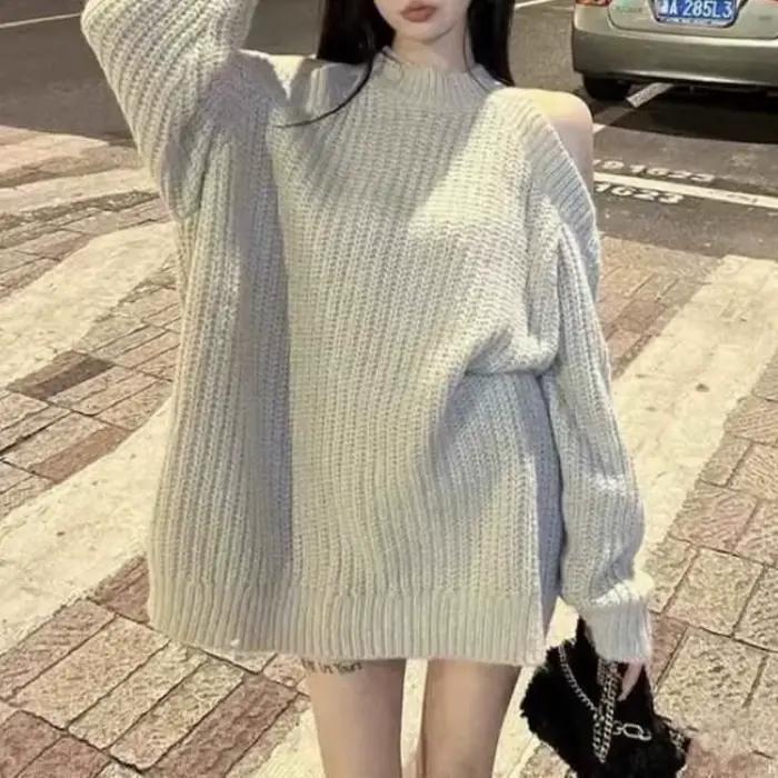 Pull ample en laine à épaules dénudées pour femme | Style paresseux