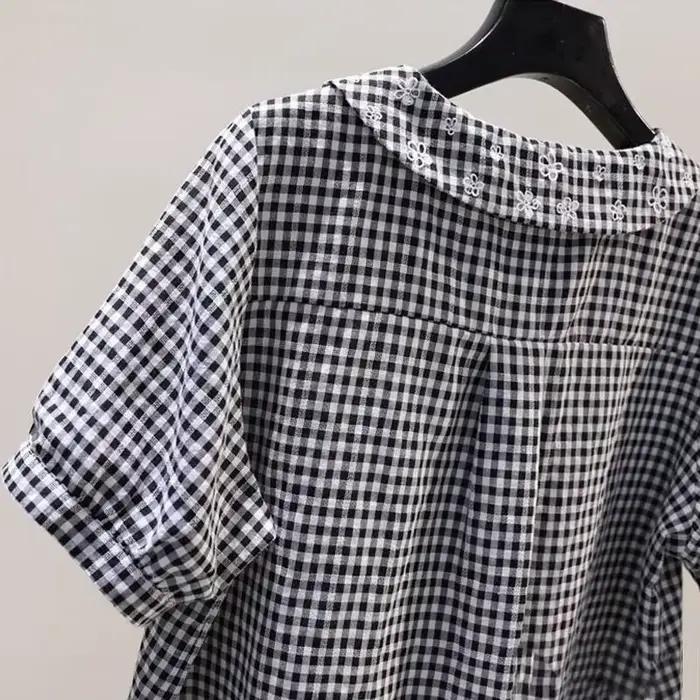 Chemise en coton à manches courtes pour femmes, à carreaux, brodée de fleurs