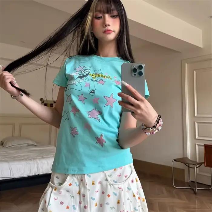 LOTDOOTN Y2K Kawaii t-shirt 2000s été vêtements décontractés Harajuku Streetwear doux mignon haut Femme belle fille