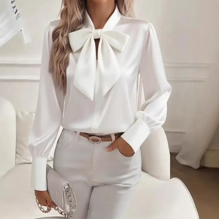 Chemisier décontracté femme polyester et coton avec nœud en satin pour printemps automne manches lanternes occassions spéciales