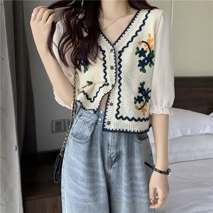 Chemisier au Crochet brodé de fleurs avec manches en mousseline de soie bouton avant Cardigan haut femmes printemps été Fairycore Cottagecore