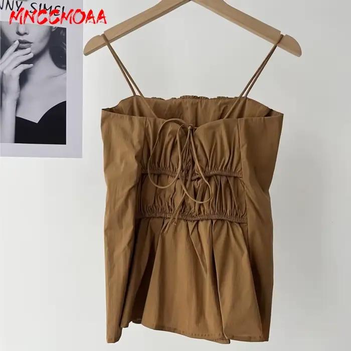 Haut de pyjama marron froncé pour femme – Blouse décontractée sans manches en coton pour l'été