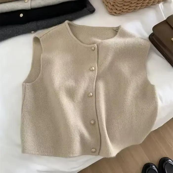 Gilet en tricot femme tricoter polyester boutons dorés beige gris kaki noir élégant printemps automne