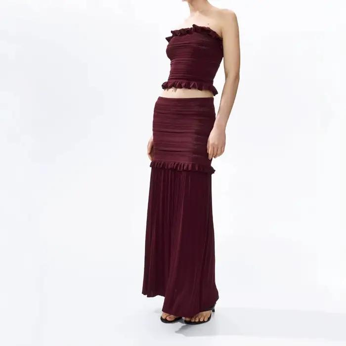 Ensemble 2 pièces haut en maille froncé et jupe longue taille haute