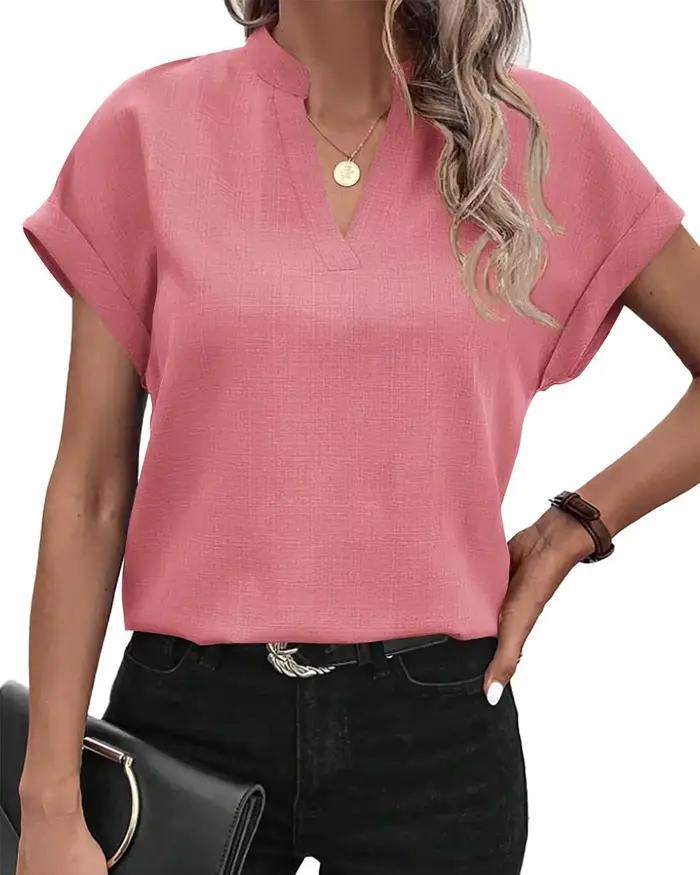 Chemisier à col en V pour femme, t-shirt texturé en polyester, style décontracté, couleur solide, manches courtes, polyvalent pour diverses occasions