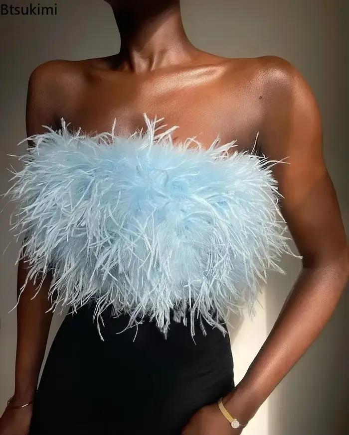 Hauts courts sexy à épaules dénudées en plumes pour femme