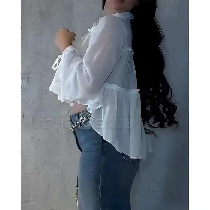 Chemise fluide en mousseline de soie pour femmes manches longues à volants coupe ample haut quotidien printemps automne décontracté
