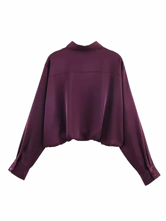 HH femme printemps mode manches longues revers simple boutonnage ballon Version soie Satin Texture hauts courts
