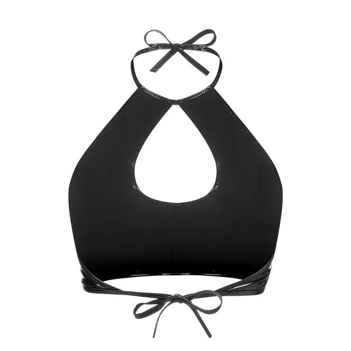 Haut sexy en cuir verni souple à haute brillance col licou gilet en cuir PU frais et doux sangle licou poitrine ajourée gilet chaud pour femmes occasions spéciales