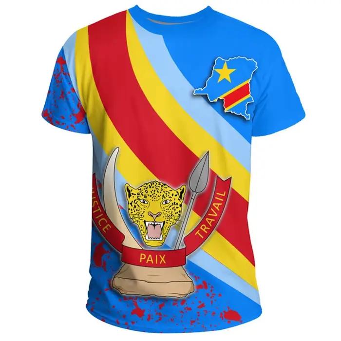 T-shirt à manches courtes col rond décontracté d'été avec emblème national imprimé en 3D du drapeau de la République démocratique du Congo