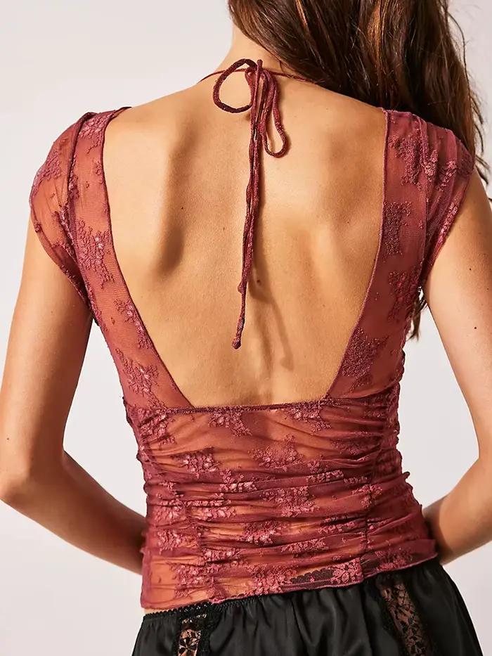 T-shirt en dentelle florale dos nu pour femme