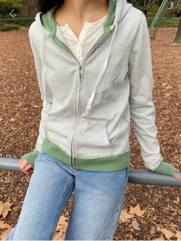 Sweatshirt rayé vert pour femmes, coton polyester à capuche, style vintage décontracté pour automne sorties nocturnes