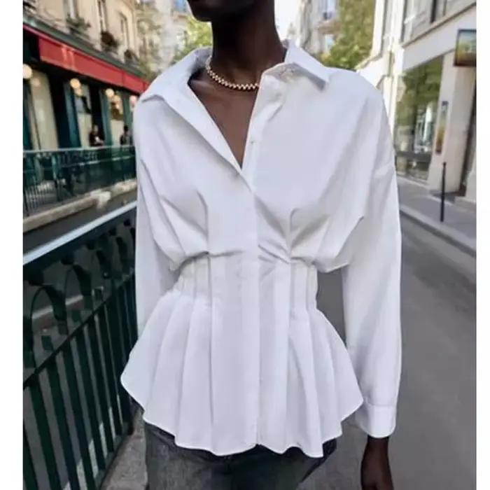 Blouse en coton fin pour femmes, chemise décontractée, col rabattu, coupe régulière, disponible en blanc, bleu ciel et marron, pour les occasions spéciales