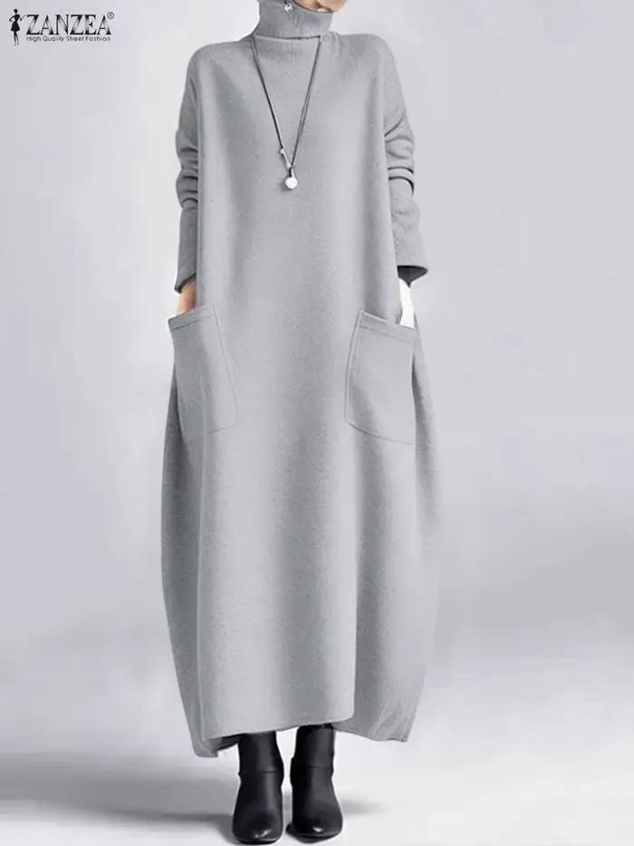 Robe ZANZEA col roulé à manches longues polyester solide pour femmes automne hiver confortable style mode et décontracté occasions spéciales