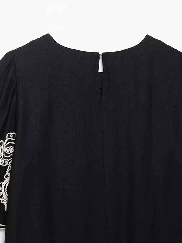 Mode brodé haut pantalon 2 pièces ensemble femmes élégant col rond manches courtes