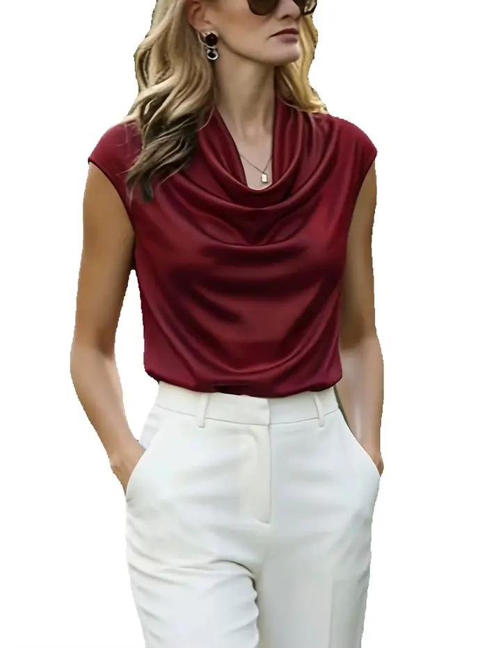 Chemise élégante en satin pour femme – Blouse plissée asymétrique vintage à manches courtes pour le bureau et le quotidien