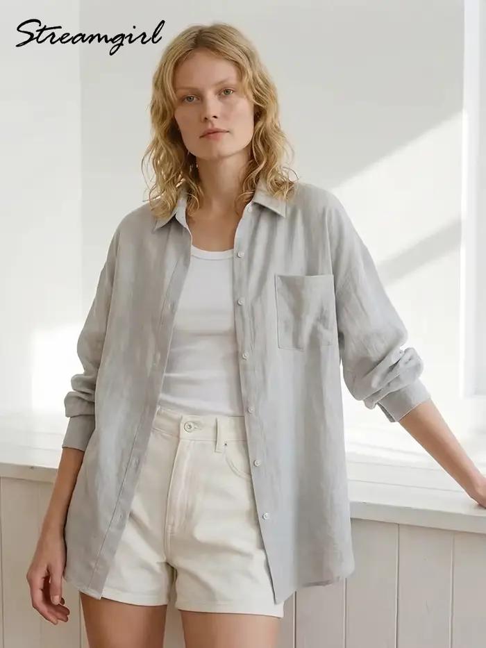 Chemise en lin bleue boutonnée pour femme – Hauts amples de luxe à manches longues pour l'été – Chemises en lin blanc