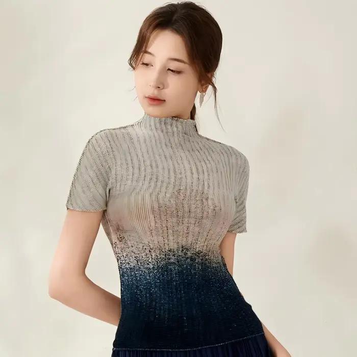 T-shirt plissé dégradé pour femme col roulé manches courtes coupe ajustée polyester été occassions spéciales