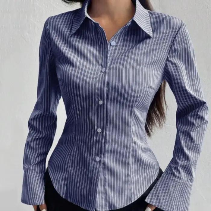 Chemisier classique rayé à manches longues polyester coton ample et mince pour femmes style rétro chic bureau sortie