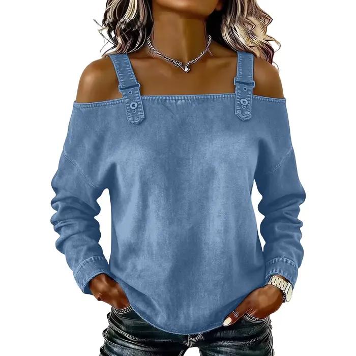 Haut en jean pour femme élégant et décontracté avec épaules dénudées et manches longues pour toutes les occasions