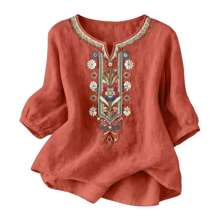 Chemise en polyester WHooHoo pour femmes avec broderie rétro, coupe ample et manches 3/4 pour des tenues estivales élégantes et décontractées