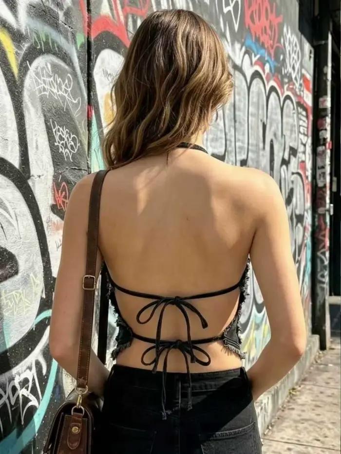 Top Halter en Denim Dégradé Style Rétro Américain