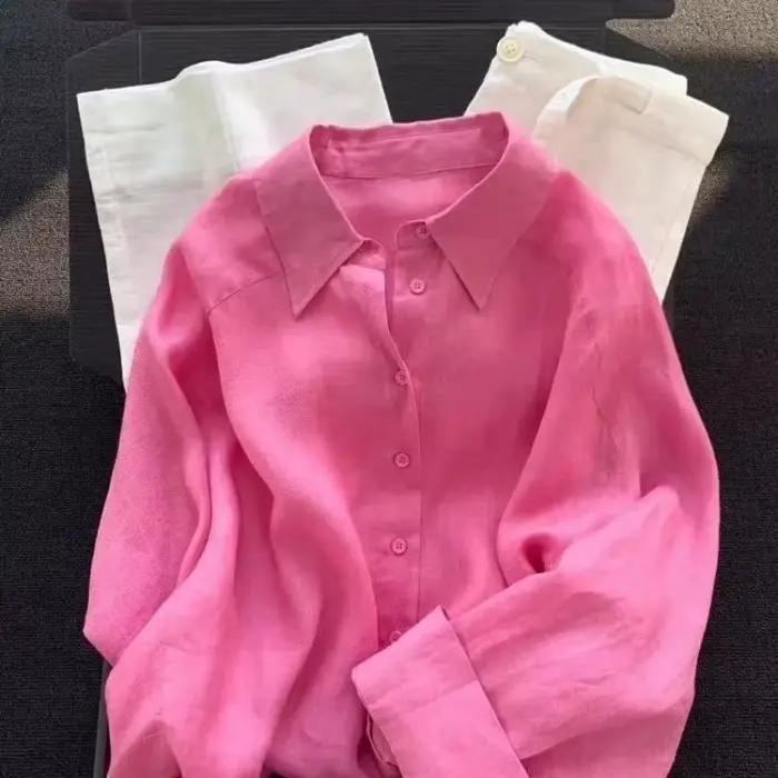 Chemise décontractée rose pour femmes style classique printemps automne occasion plage haute élasticité polyester