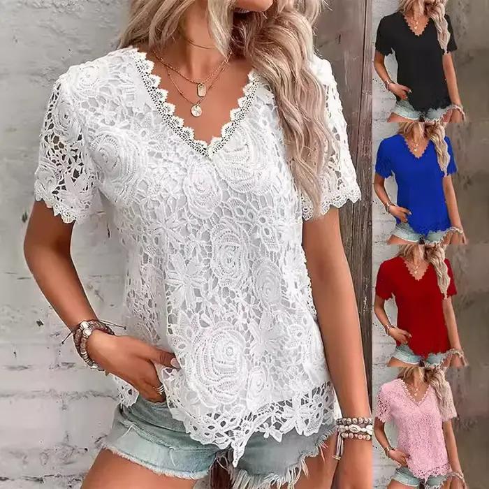 Chemise en dentelle pour femmes, col en V, manches courtes, polyester, décontractée, printemps été, occassions spéciales, bureau, détails élégants ```