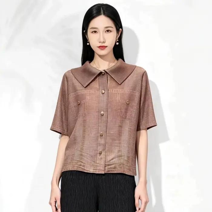 Chemise-veste en jean plissée Miyake à manches courtes pour femme – Nouvelle collection été