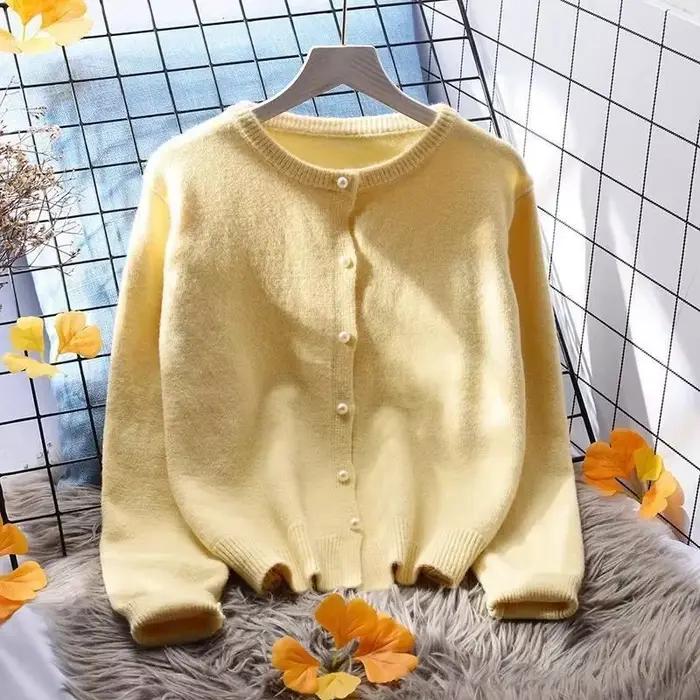 Cardigan court à col rond pour femme tricoté en polyester et coton ample décontracté printemps automne ocassions spéciales