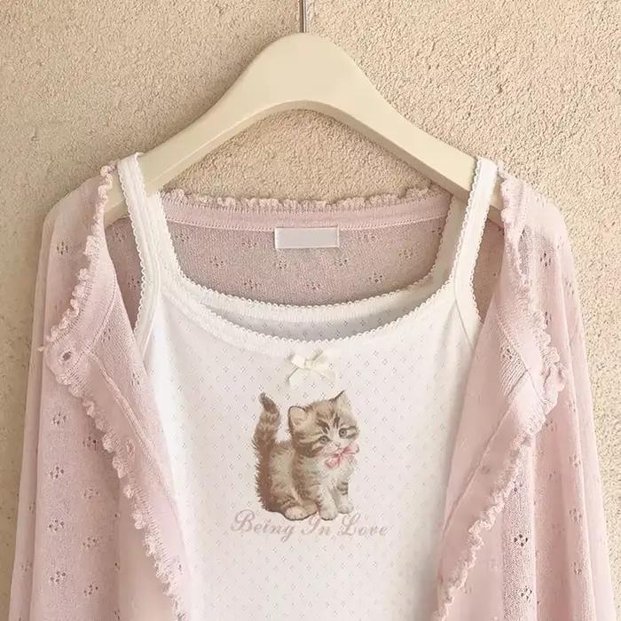 Camisole en coton avec nœud rose pour femme