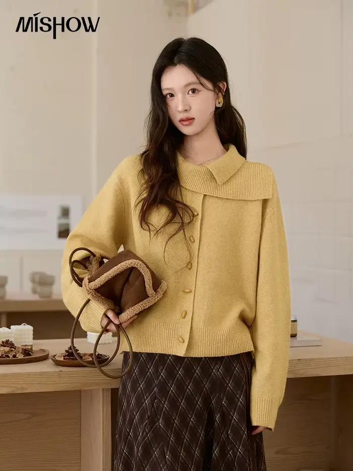 MISHOW Cardigan en tricot jaune moutarde pour femme