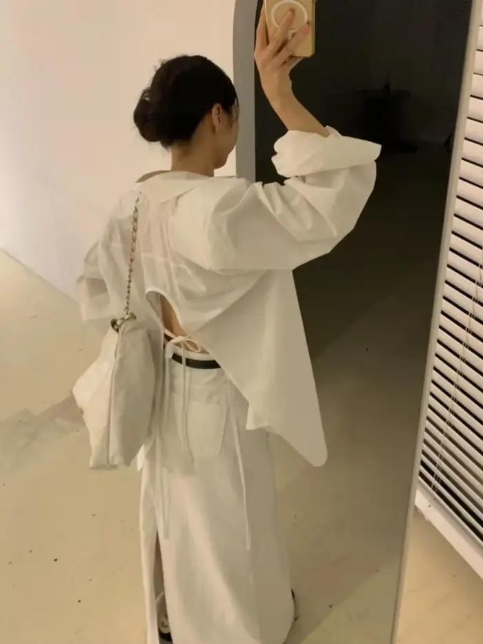 Dos nu à lacets nœud chemises et chemisiers à manches longues Blusas ample décontracté Camisas col rabattu Ropa Mujer printemps été hauts