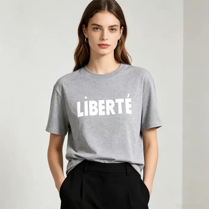 T-shirt coton 100% femme lettres françaises décontracté ample gris pour femmes occasions spéciales printemps été
