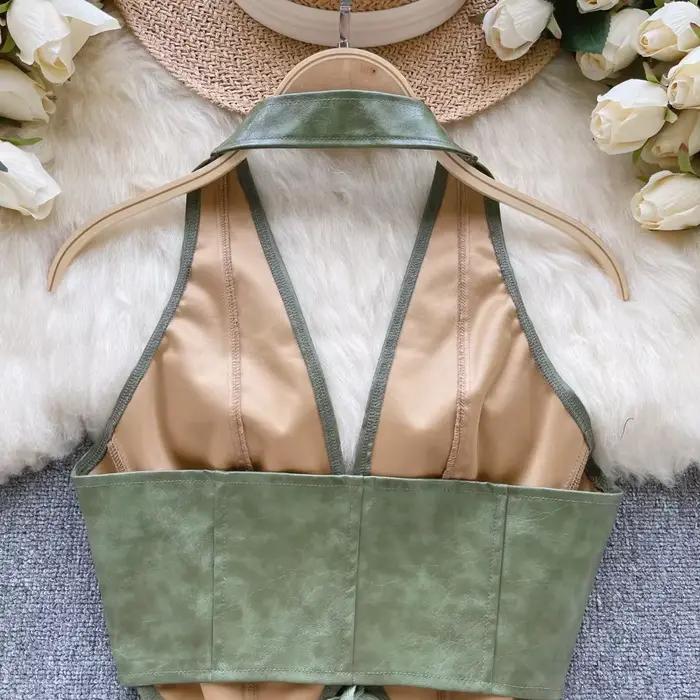 Haut en Cuir PU Épaules Dénudées à Lacets pour Femme